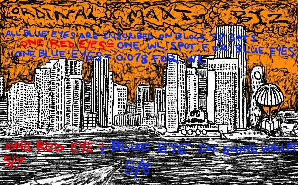 Hand-drawn skyline announcement: all blue eyes are inscribed on block 78 sats; one red eyes equals one whitelist spot; one blue eyes equals 0.078 for WL