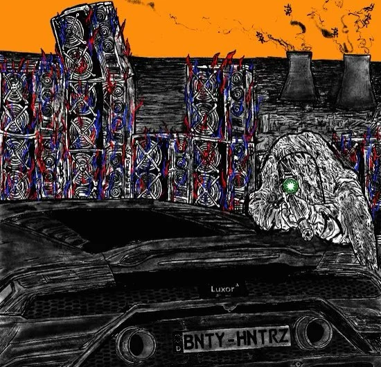 A supercar with plate BNTY-HNTRZ and a Luxor badge, ASIC mining racks burning in blue and red flame behind, a green-eyed figure crouched on the rear deck