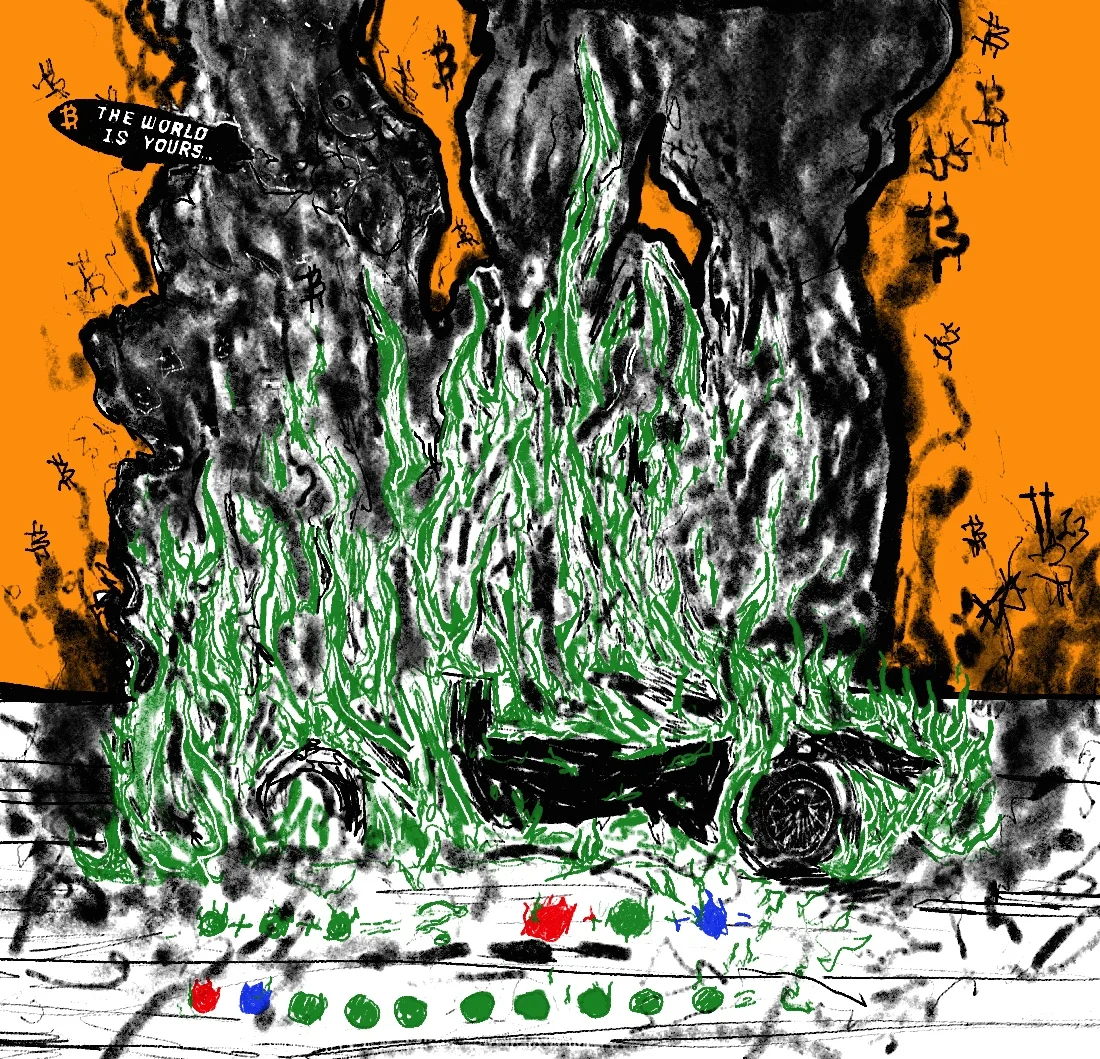 A car consumed by green fire beneath a column of smoke made of ₿ marks, orange sky behind; rows of eye-colour arithmetic in the margin