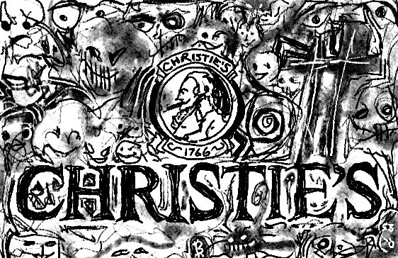 The Christie's wordmark and 1766 seal redrawn in ink, crowded with sketched faces and a cross