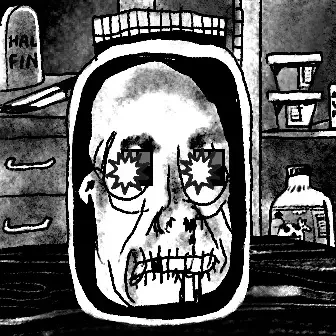 Hal Finney preserved — ink drawing of a face with starburst eyes inside a cryonic specimen jar, a HAL FIN headstone behind