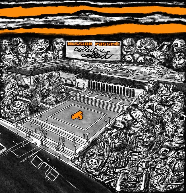 A museum courtyard drawn in ink, overrun on every side by crowds of OMB faces, under a banner reading Mission Passed — collectors collect