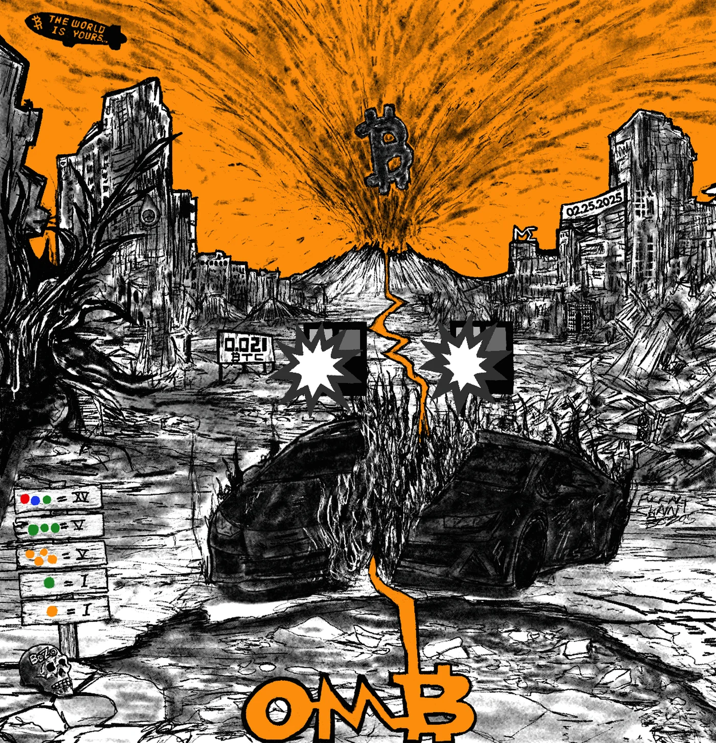 Ink cityscape under an erupting orange sky; a billboard reads 02.25.2025, a road sign reads 0.021 BTC, signposts tally eye-colour values